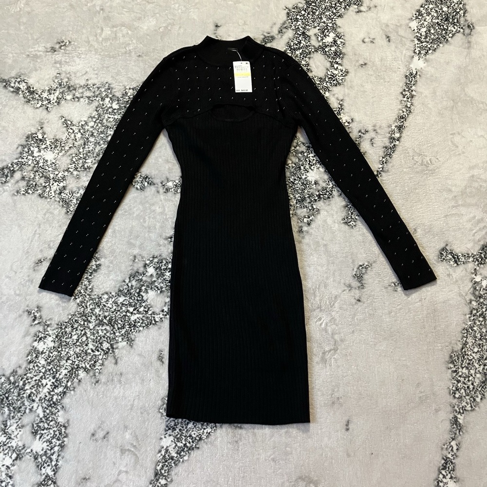 Rosie Harlow Ribbed Sweater Dress Womens M Black Cutout Neck Rhinestone NWT